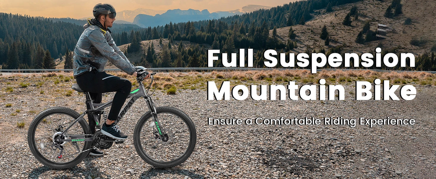 Ecarpat Dual Full Suspension Mountain Bike 24/26/27.5 Inch, Mens Women Teenagers Boy Girl Mountain Bike, 21-Speed Disc Bicycles