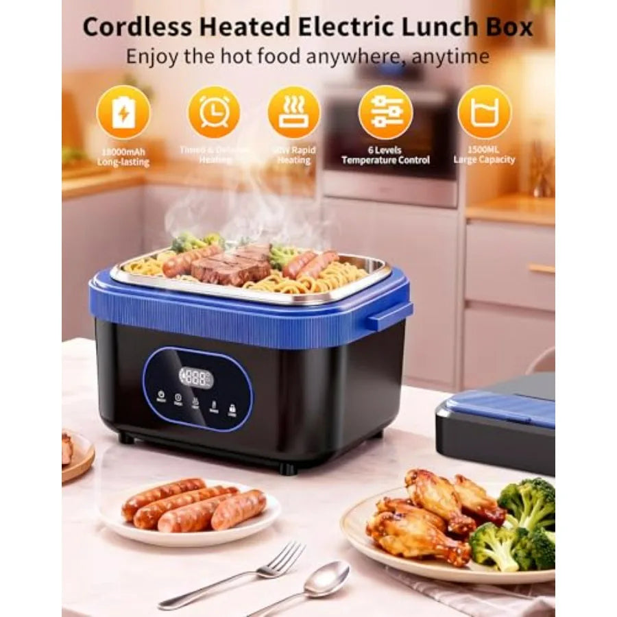 Cordless Electric Lunch Box for Adults XL Size 6.25 Cups 1500ml Portable Heated Food Warmer with Upgraded 5D Surround Heat Technology