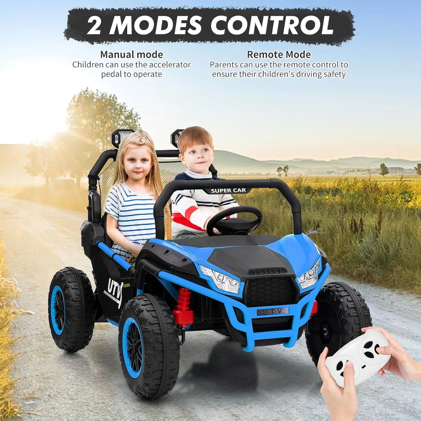 2-Seater 24V Kids UTV Ride-On Car with Remote Control – 400W Motors, 4-Wheel Suspension, LED Lights & Music for Ages 3+