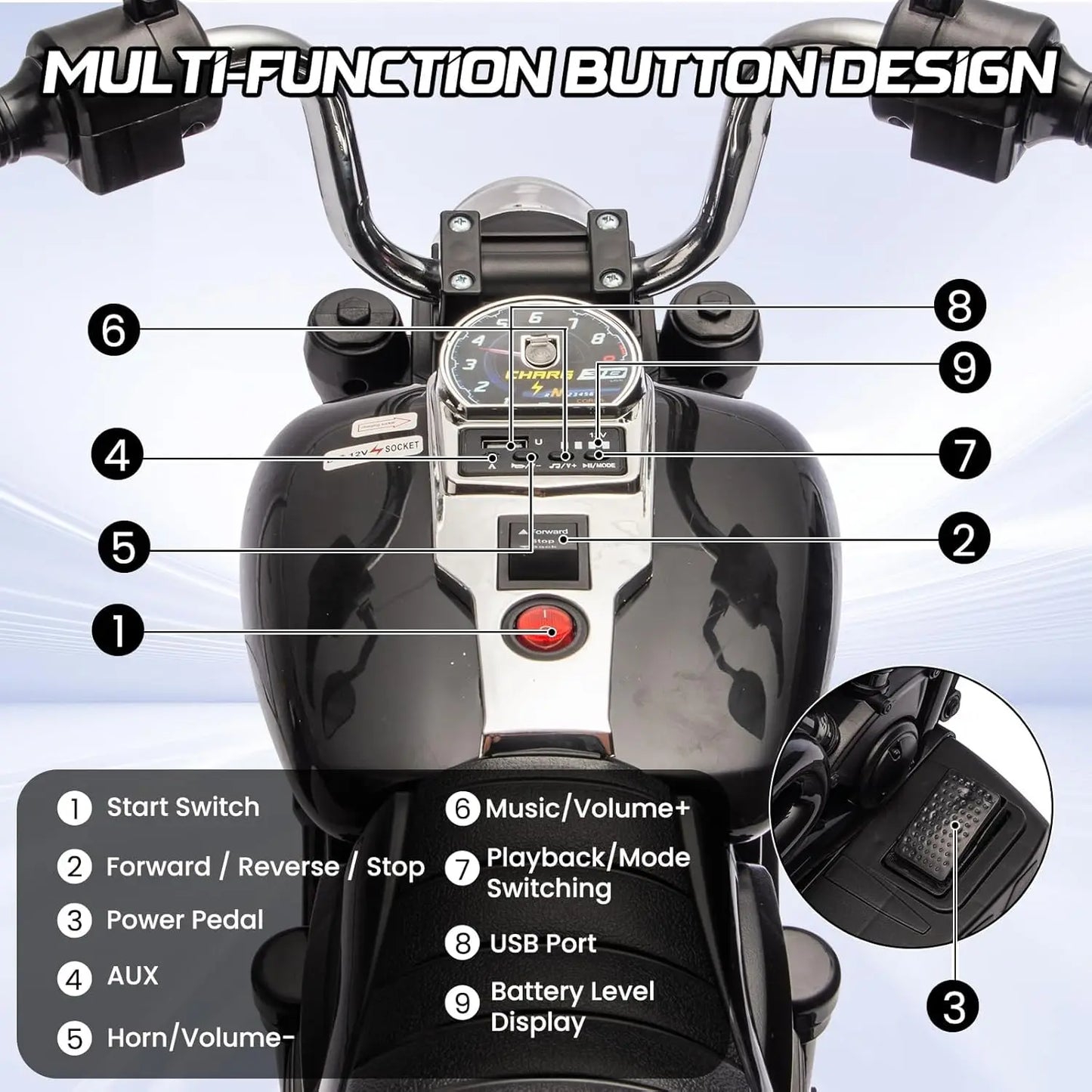 3-Wheel Kids Ride-On Motorcycle – 12V Electric Bike with Headlight, Training Wheels, Music, & Reverse Mode