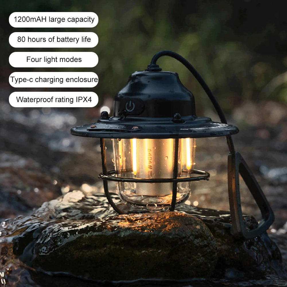 Retro LED Camping Lantern with Type-C Charging & 4 Light Modes