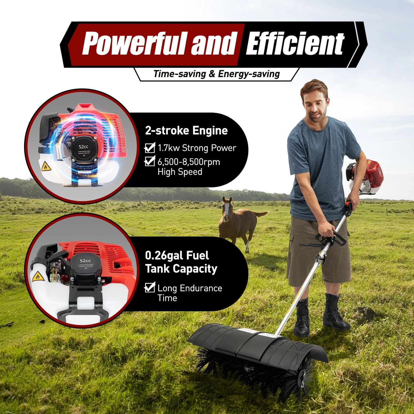 2.3HP 52CC Gas Power Walk Behind Sweeper – Handheld Outdoor Broom for Snow, Leaves, Mud, and Artificial Grass | Heavy-Duty 2-Stroke Engine