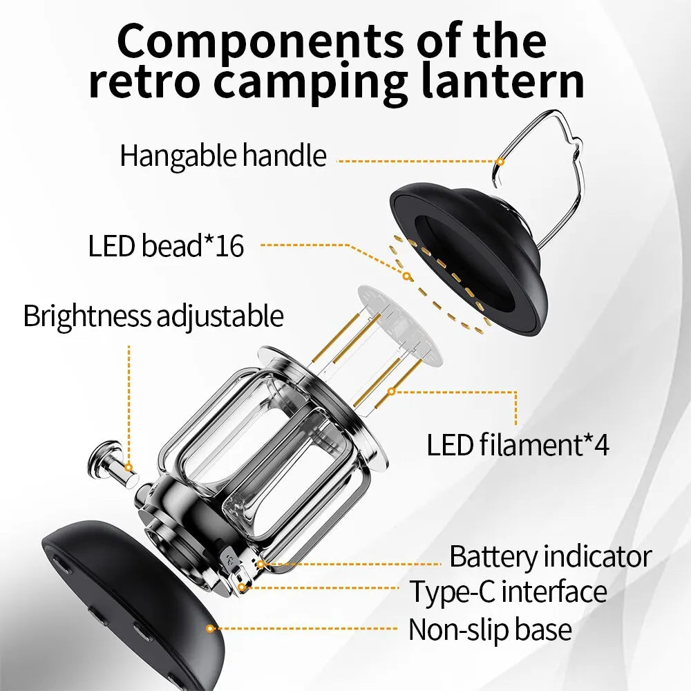 Outdoor Vintage Camping Lantern USB Rechargeable Retro LED Light Portable Waterproof Emergency Lamp