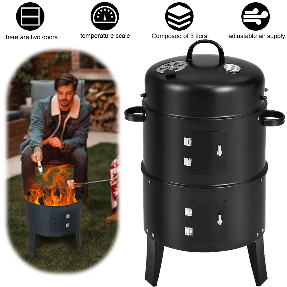 Vertical Charcoal Smoker with Built-in Thermometer – 3-Tier BBQ Smoker Grill with 2 Access Doors – Round Portable Smoker for Camping, Backyard, and Outdoor Cooking