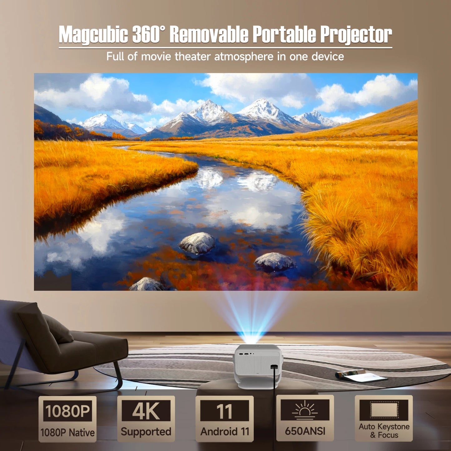 Magcubic 360° Portable 4K Projector – Native 1080P, 650ANSI Brightness, Android 11, Auto Keystone & Focus, WiFi6 & BT5.2