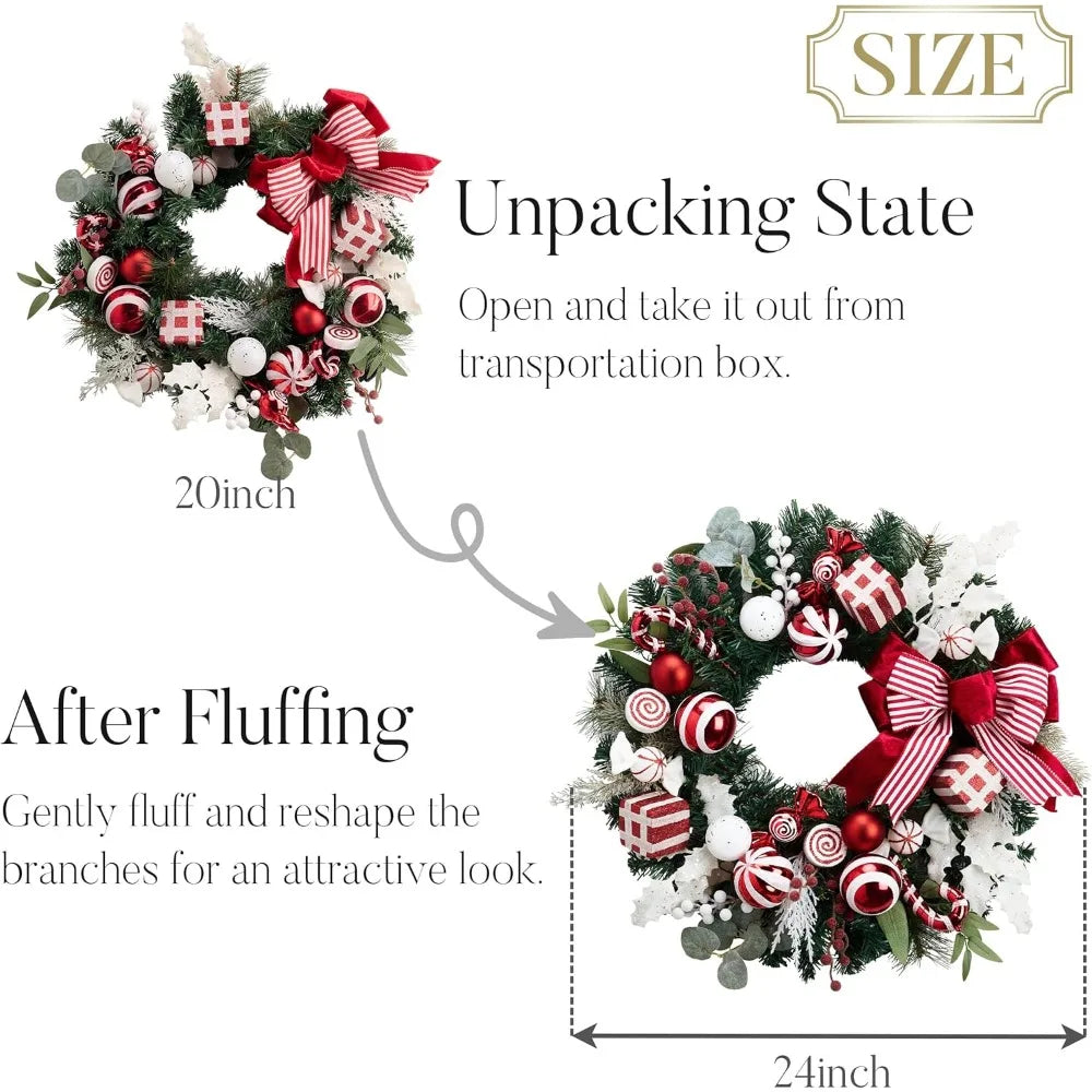Large Outdoor Red & White Decorated Lighted 24 Inch Pre-Lit Front Door Christmas Wreath Christmas Decor