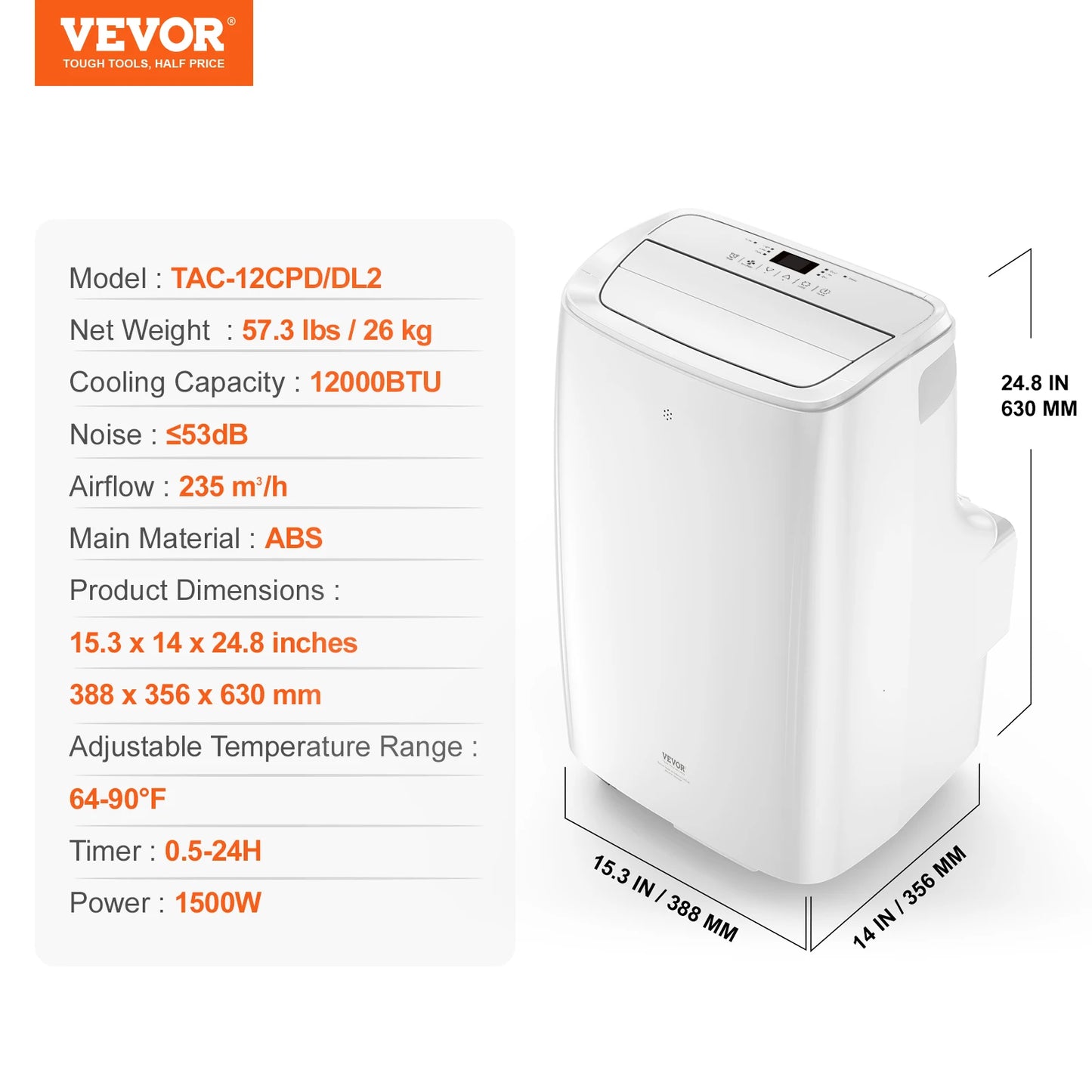 VEVOR 12,000 BTU Portable Air Conditioner – 3-in-1 Cooling, Dehumidifier & Fan for 550-700 Sq. Ft.