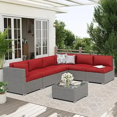 7-Piece Outdoor Patio Furniture Set – Wicker Sectional Sofa with Cushions & Glass Coffee Table