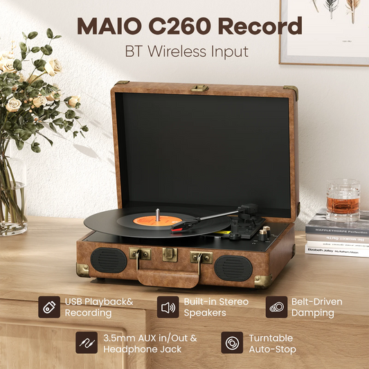 Maio C260 belt-driven Vintage gramophone device, vinyl record, turntable , high-fidelity stereo, built-in speaker, 3-speed