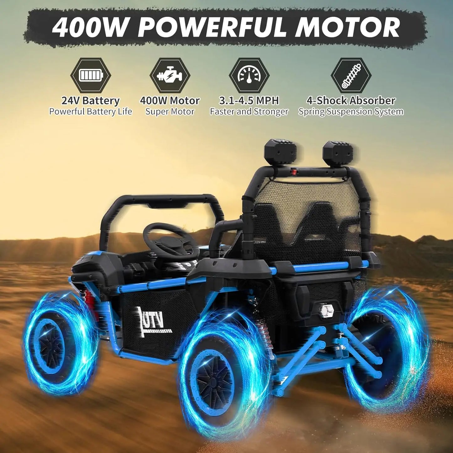 2-Seater 24V Kids UTV Ride-On Car with Remote Control – 400W Motors, 4-Wheel Suspension, LED Lights & Music for Ages 3+