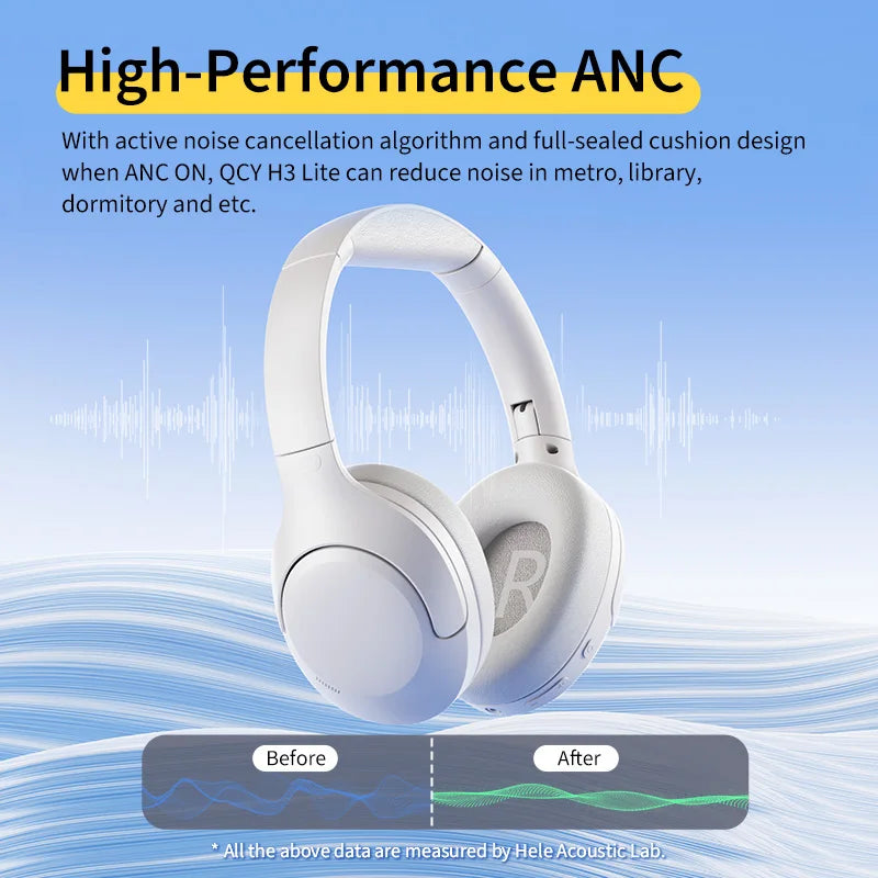 QCY H3 Lite ANC Wireless Headphones Bluetooth 5.3 Over-Ear Headset with HiFi Sound, 40mm Drivers & 60H Battery Life
