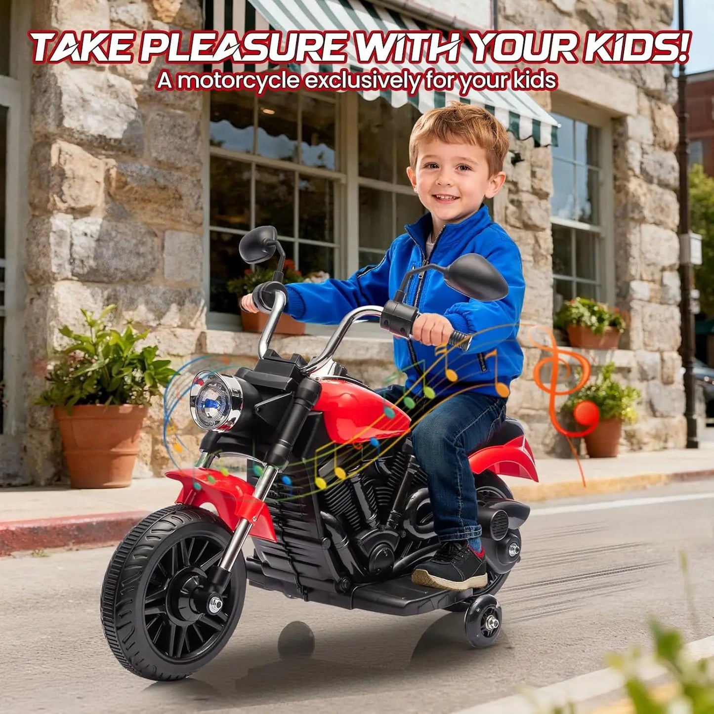 3-Wheel Kids Ride-On Motorcycle – 12V Electric Bike with Headlight, Training Wheels, Music, & Reverse Mode