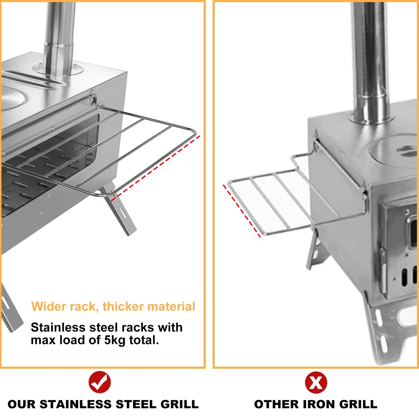 UNHO Portable Stainless Steel Wood Burning Camp Stove – Foldable Tent Heater & Cooker with Chimney Pipes & Accessories