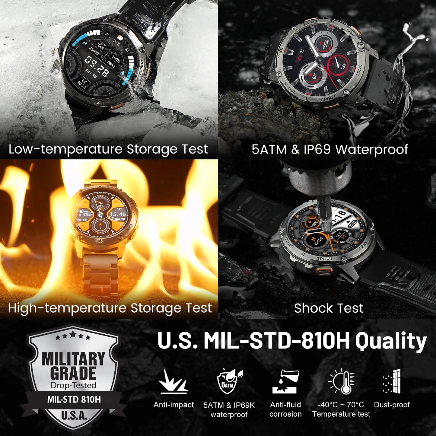 KOSPET TANK T3 Smartwatch – Military Grade, AMOLED Display, 5ATM + IP69K Waterproof