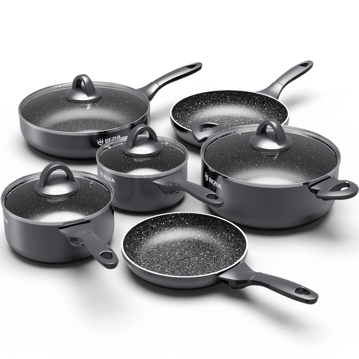 BEZIA Induction Cookware Pots and Pans Set – 10 Piece Nonstick, Dishwasher Safe with Stay-Cool Handles