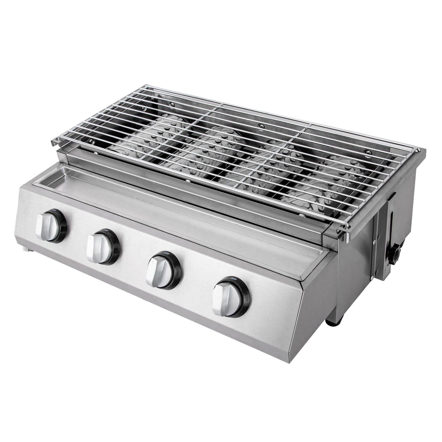 Portable 4-Burner Stainless Steel LPG Gas Grill – Smokeless Tabletop BBQ Grill with Adjustable Height and Removable Grate for Outdoor Cooking