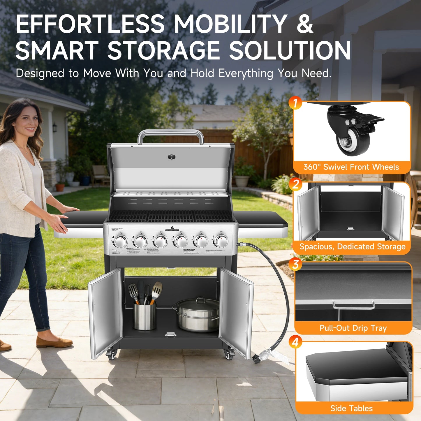 6 Burner Propane Gas Grill, 60,000 BTU Cabinet Outdoor BBQ with Warming Rack, 643 Sq. In. Cooking Area