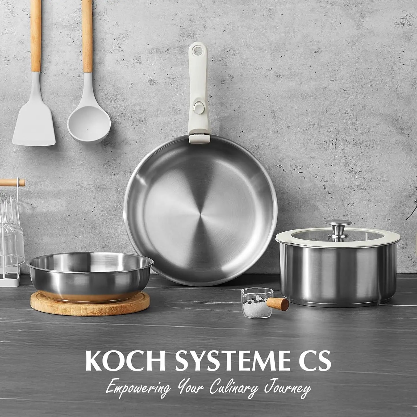 KOCH SYSTEME CS 7-Piece Stainless Steel Cookware Set with Detachable Handle – Induction Ready, Oven Safe, Space-Saving Design