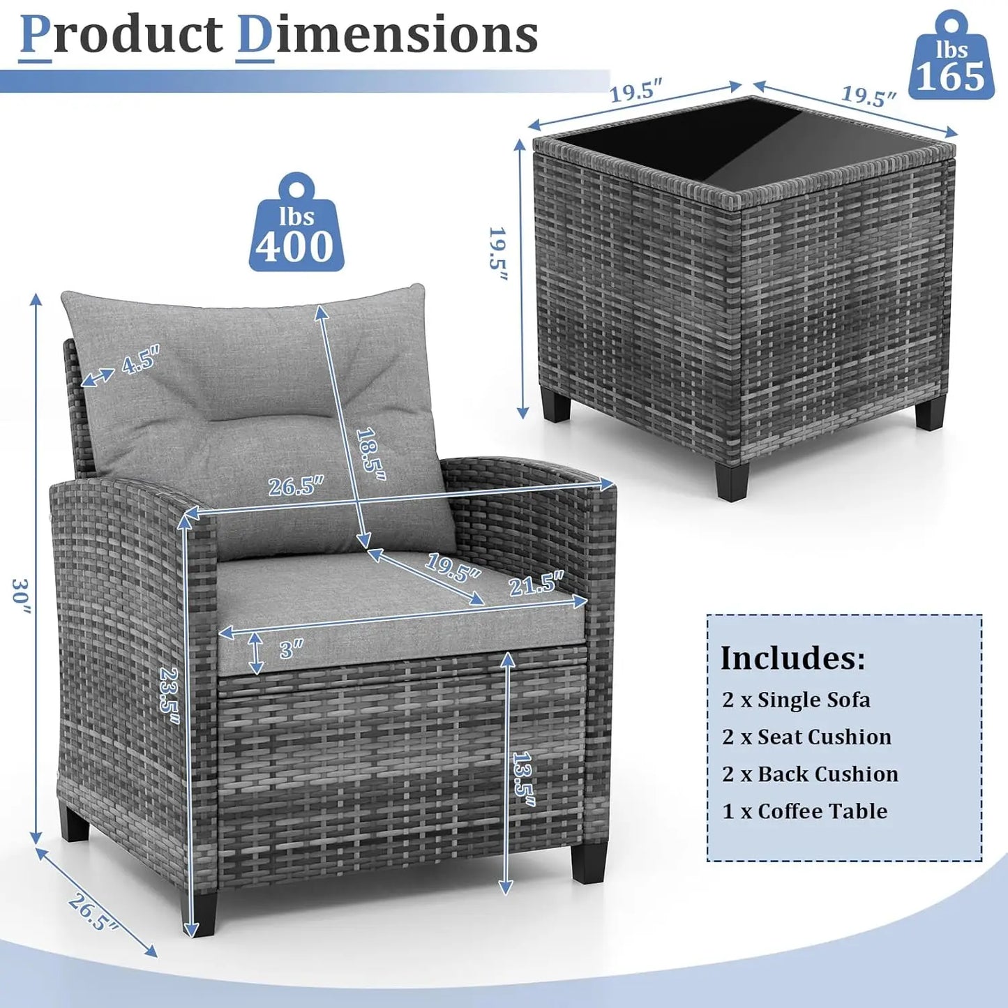 3-Piece Patio Furniture Set Outdoor PE Rattan Conversation Set with Cushions & Glass Table