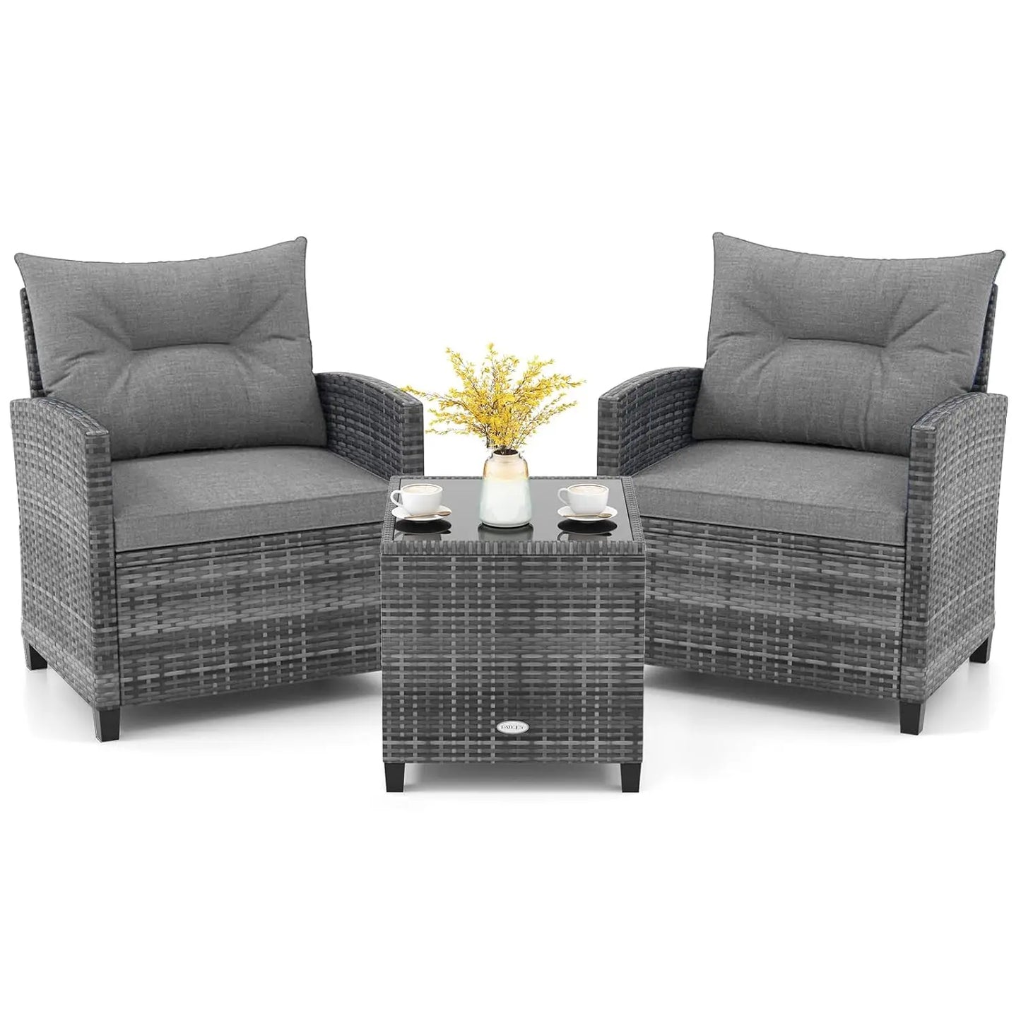 3-Piece Patio Furniture Set Outdoor PE Rattan Conversation Set with Cushions & Glass Table