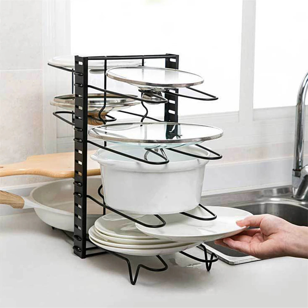 8-Tier Adjustable Pot & Pan Organizer Rack | Heavy-Duty Iron Storage Shelf for Kitchen Cabinets