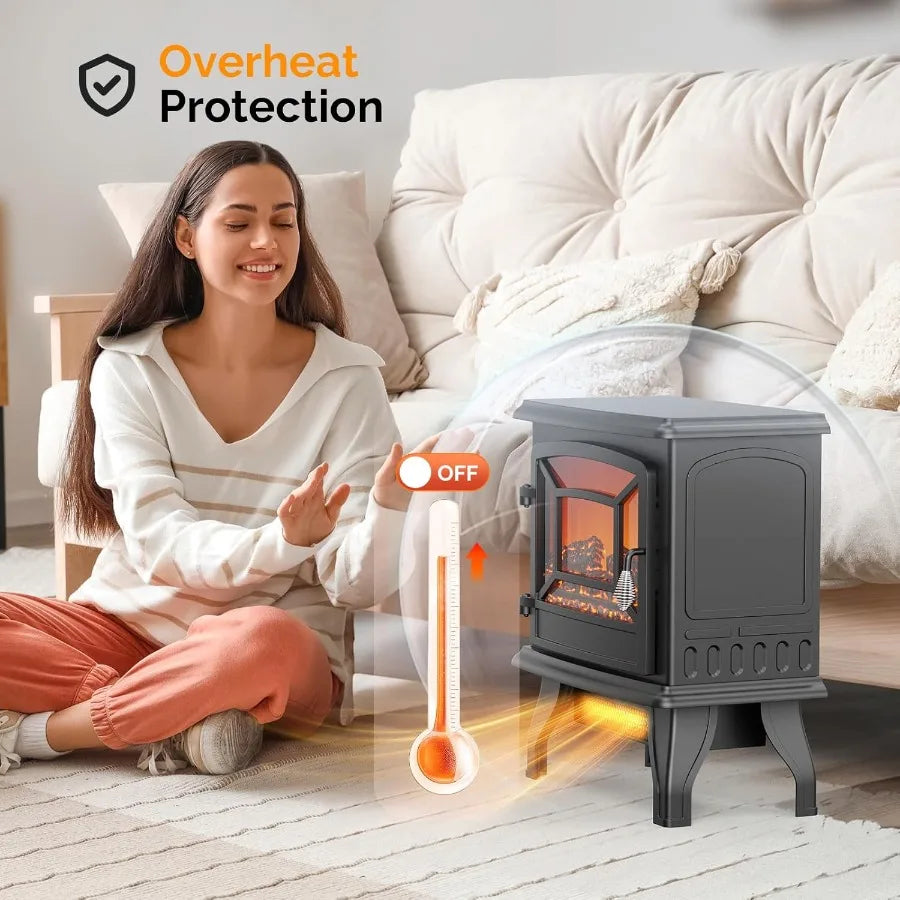 Electric Fireplace Stove Space Heater – 20" Freestanding – 1400W – Realistic Flame Logs – Thermostat – Tip‑Over & Overheat Protection – Black