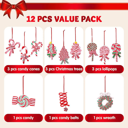12 Pcs Wreaths Lollipop Christmas Tree Ornament and Candy Canes Designs  for Christmas Decor