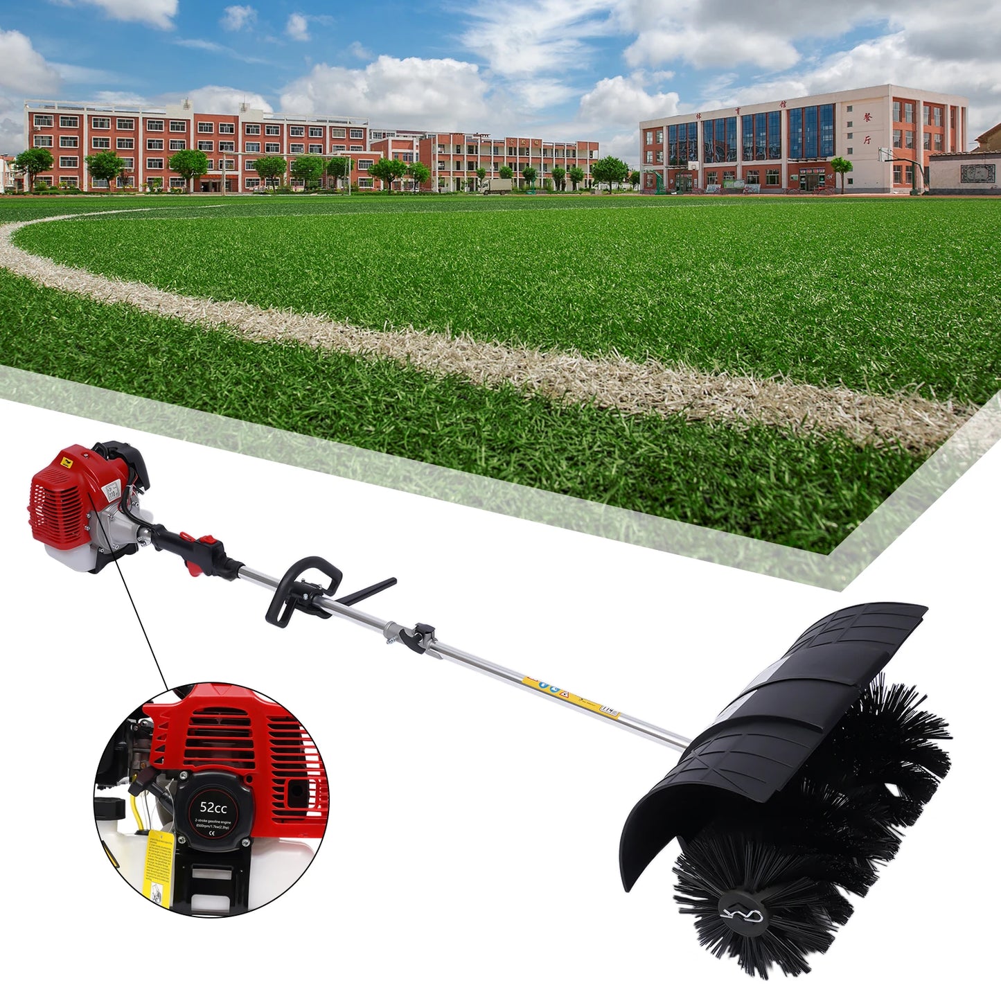 2.3HP 52CC Gas Power Walk Behind Sweeper – Handheld Outdoor Broom for Snow, Leaves, Mud, and Artificial Grass | Heavy-Duty 2-Stroke Engine