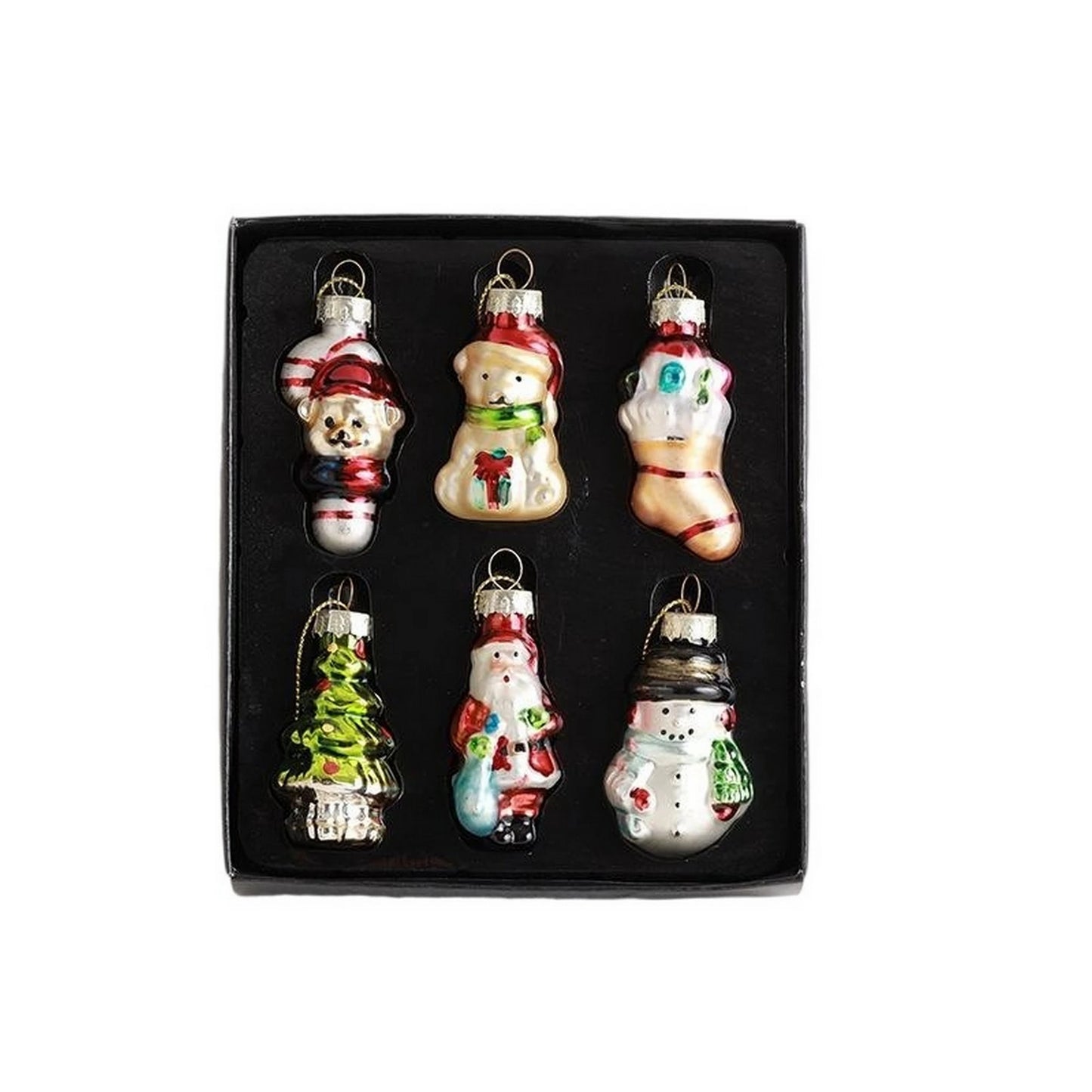 Set of 6 Festive Glass Christmas Tree Ornaments Featuring Adorable Reindeer Penguin and Gingerbread Man Designs