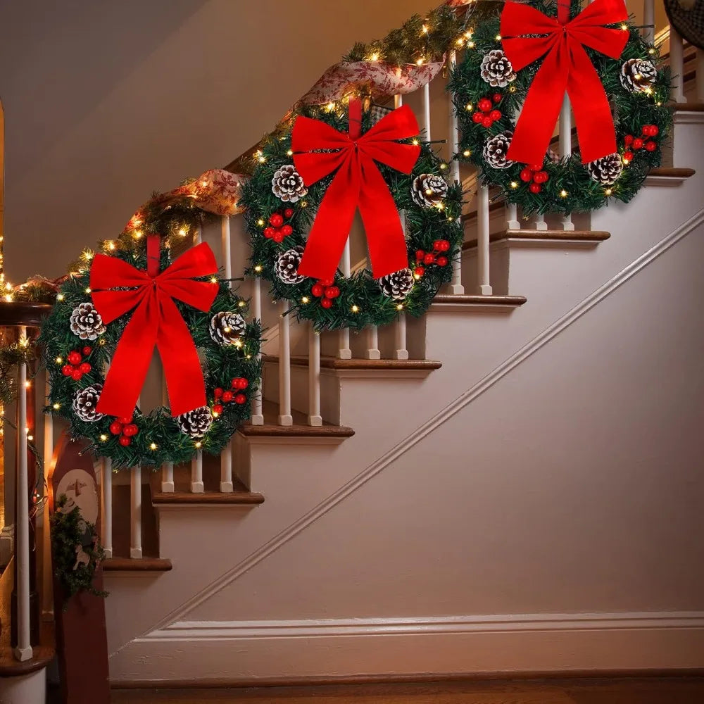 Illuminated Christmas Wreaths, 12-Inch Pre-Lit Miniature Holiday Wreaths with Oversized Bows, Battery-Powered LED Pine Needle Wr