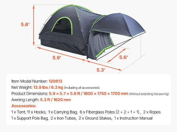 Pickup Truck Bed Tent with Awning – Waterproof Camping Tent for 2–3 Persons