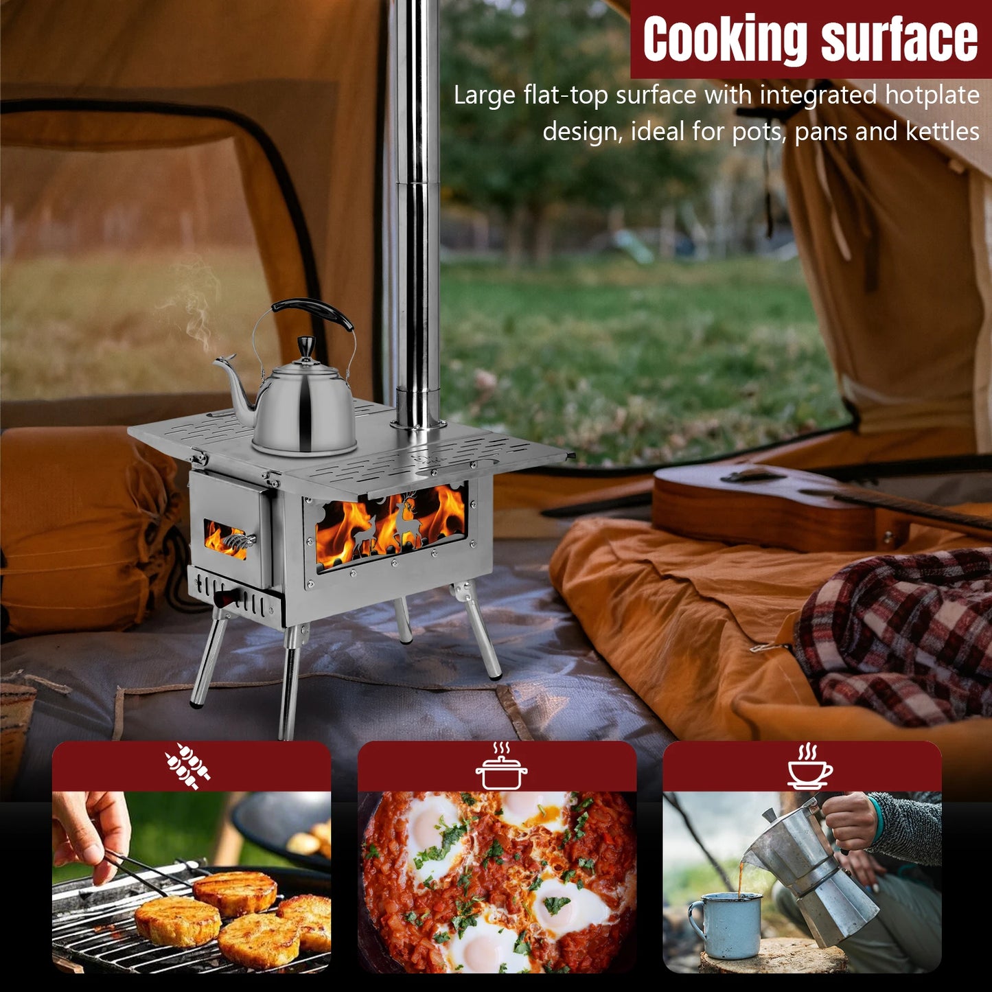 Portable Wood Burning Stove – Stainless Steel Tent Stove with Chimney Pipe & Pellet Burner for Outdoor Cooking