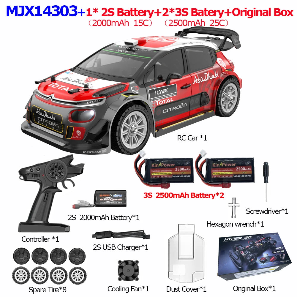 MJX Hyper Go 14304 1:14 Volkswagen Polo R WRC Brushless RC Car – 42KM/H Drift Rally Racer with Gyro, Lights & Metal Chassis