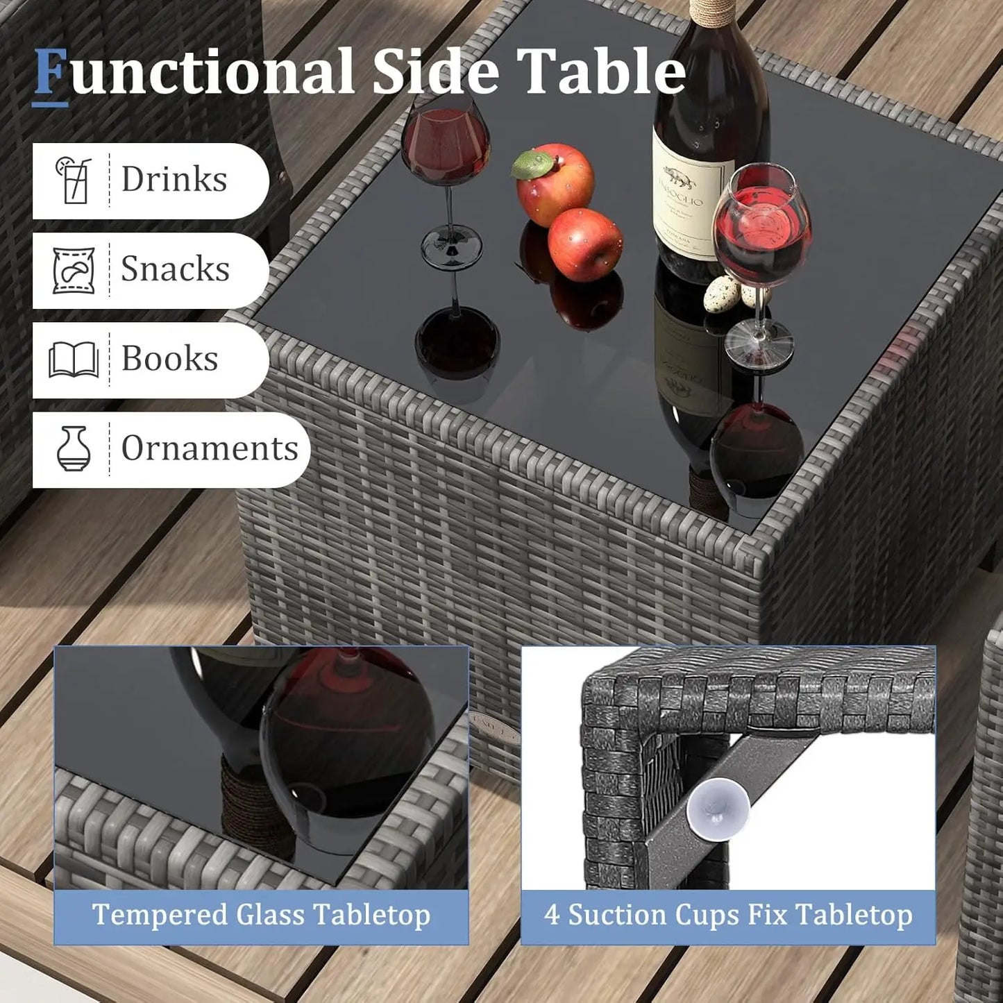 3-Piece Patio Furniture Set Outdoor PE Rattan Conversation Set with Cushions & Glass Table