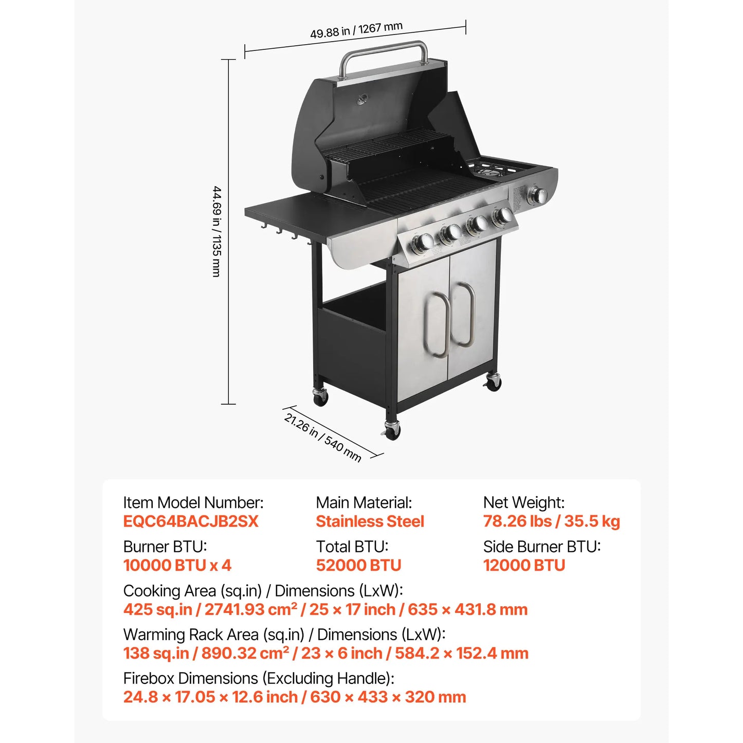 SucceBuy Gas Grill 4 Burner Propane Gas Grill with Side Burner 425 SQ.In Grilling Area 52,000 BTU Patio Garden BBQ Grills