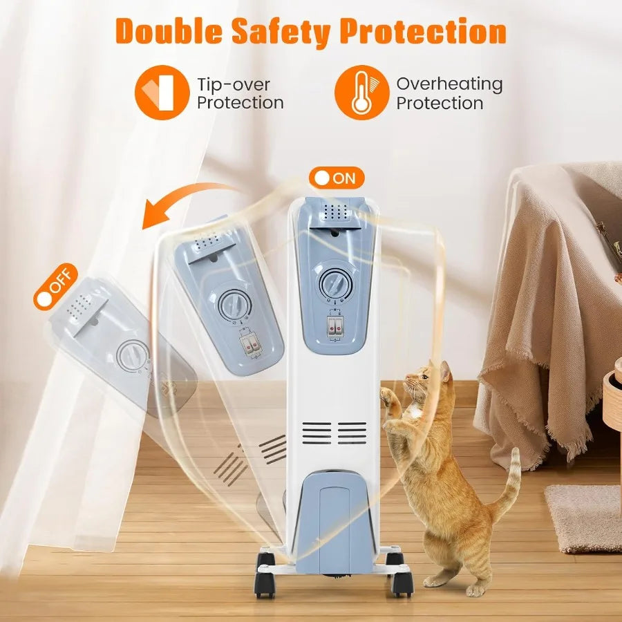 1500W Oil Heater Portable Oil Space Heater w/ Adjustable Thermostat, 3 Heat Settings, Overheat & Tip-Over Protection