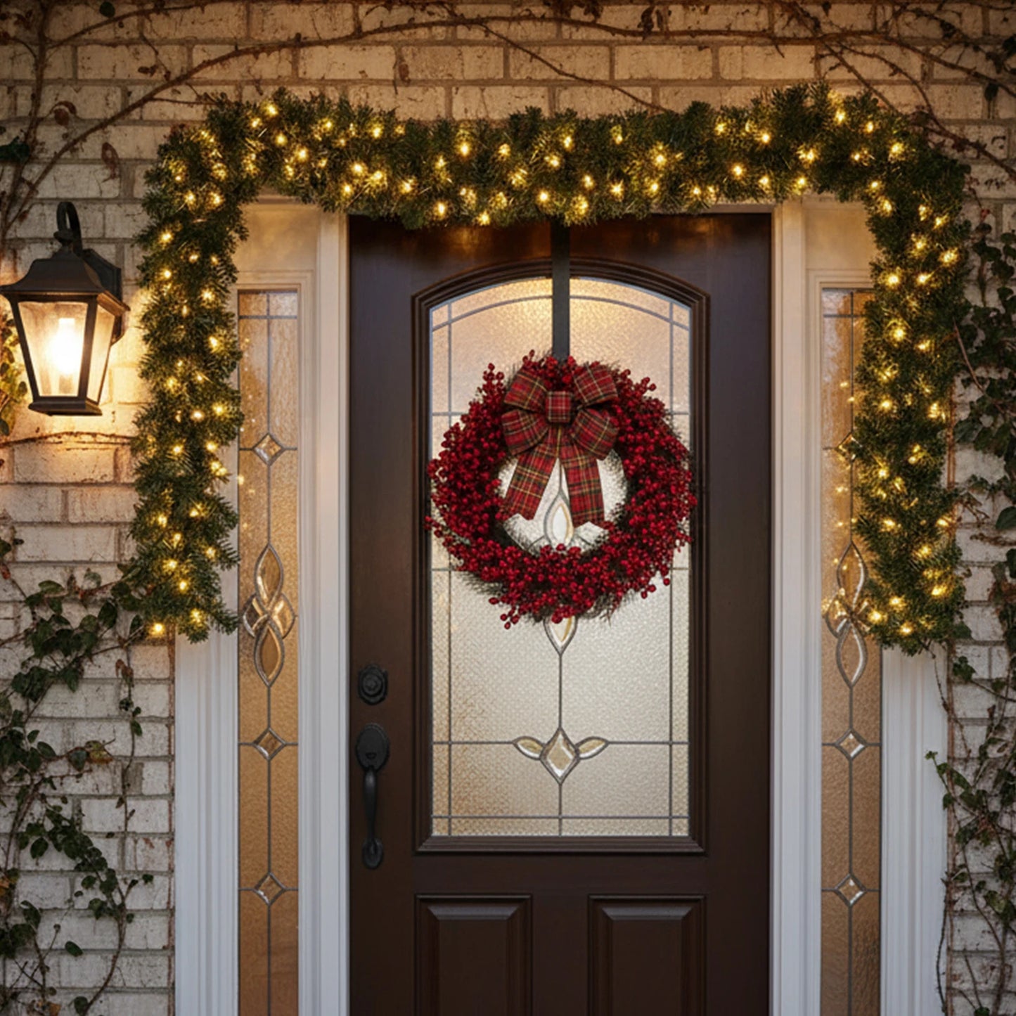 270cm Christmas Wreaths with 50 LED Lights Artificial Front Door Rattens Decor Xmas Faux Garland for Fireplace Stair Xmas Decor