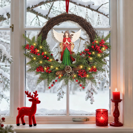 24 Inch 30 LED Pre-Lit Christmas Angel Wreath for Door/Wall