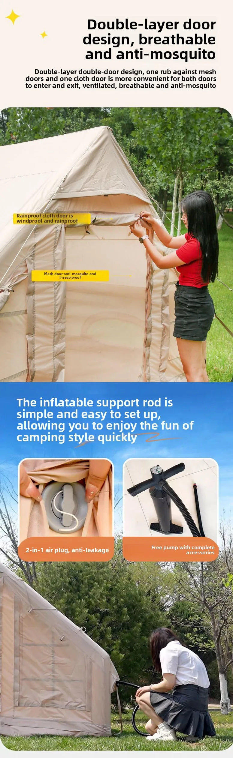 Inflatable Camping Tent for 1-6 People with Skylight, Stove Jack & PU3000 Waterproof Protection