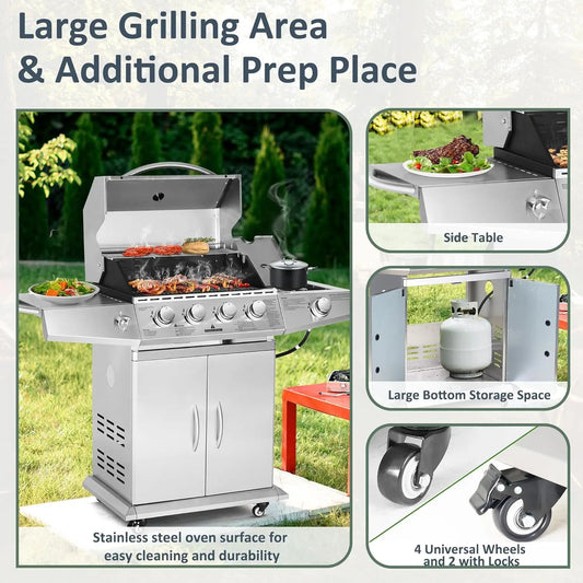 Propane Gas Grill 4 Burners with Side Burner, Stainless Steel Grill Cart with Wheels – 60,000 BTU