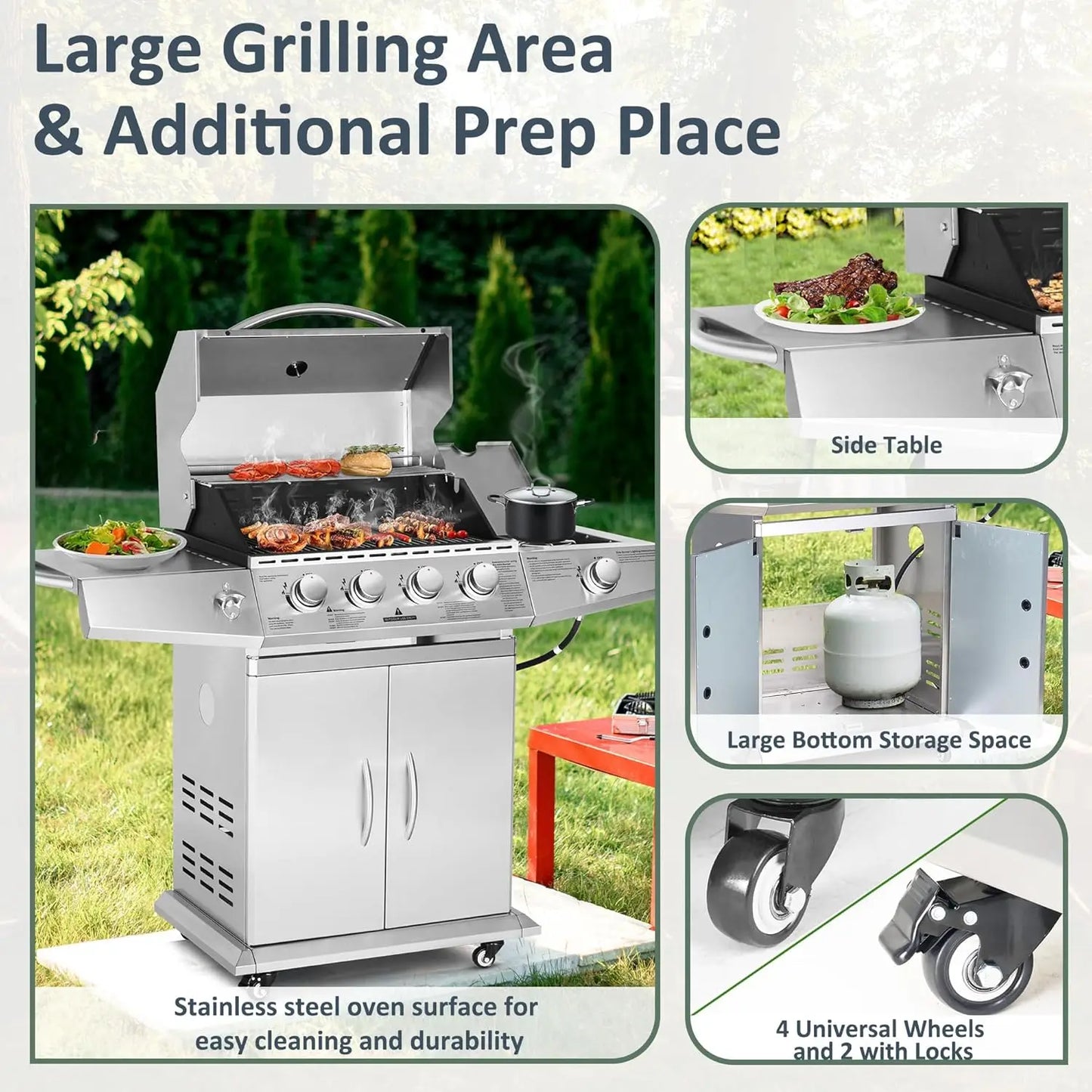 Propane Gas Grill 4 Burners with Side Burner – 60,000 BTU Stainless Steel Outdoor Grill Cart