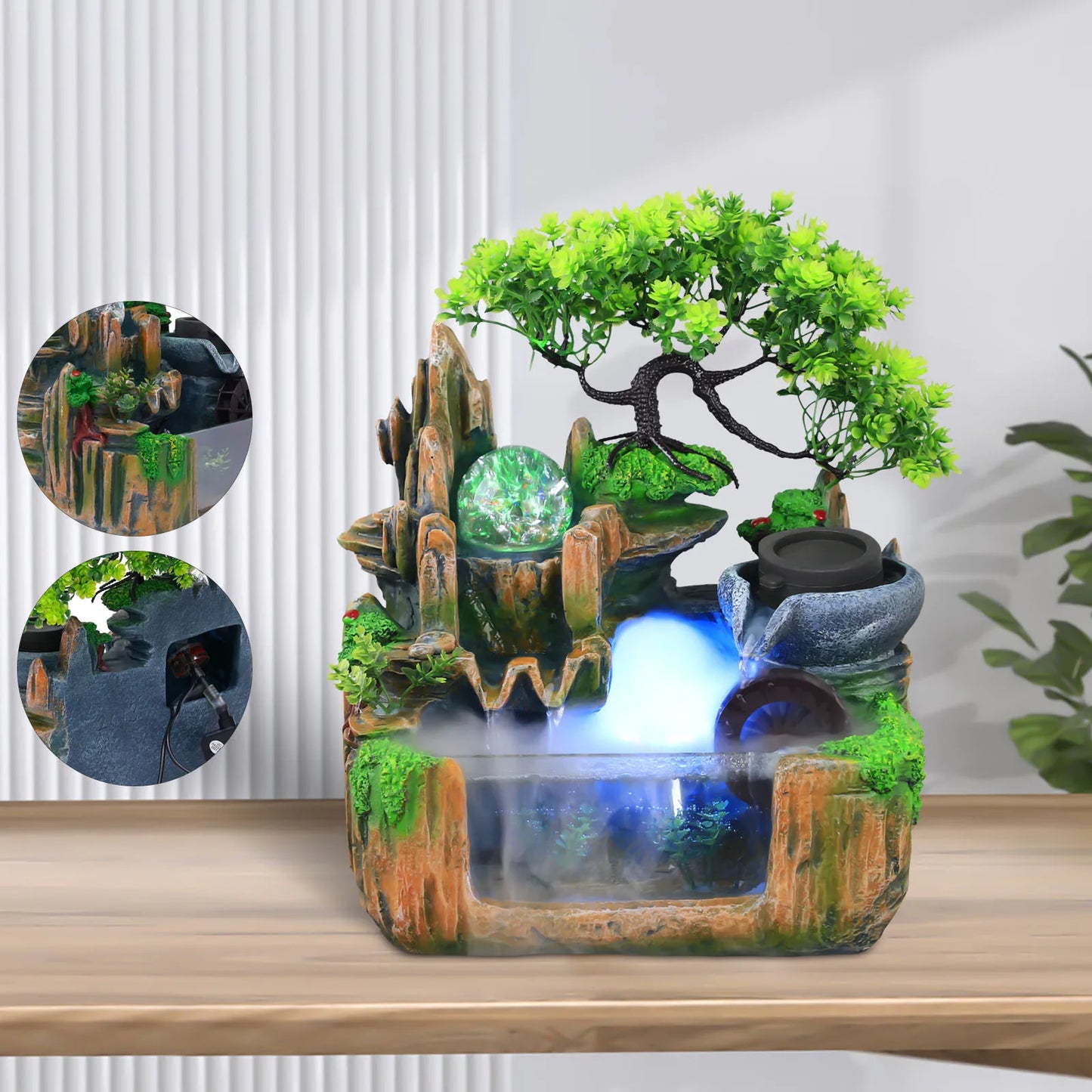 Small Rockery Water Fountain with LED Light & Mist Effect – Tranquil Tabletop Decor for Home or Office