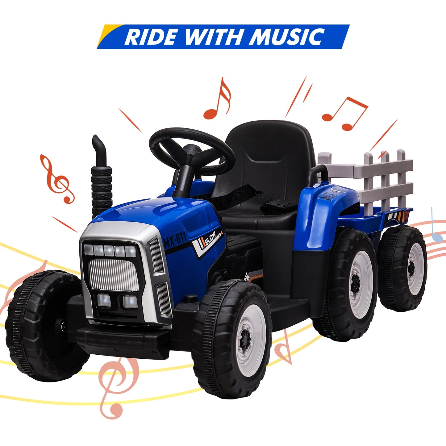 Kids Ride-On Electric Tractor with Remote Control & Trailer – 12V Battery 25w/35w, EVA Tires, Headlights & Bluetooth Music