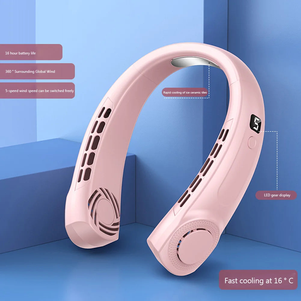 Bladeless Portable Neck Fan – USB Rechargeable, 5-Speed, Digital Display
