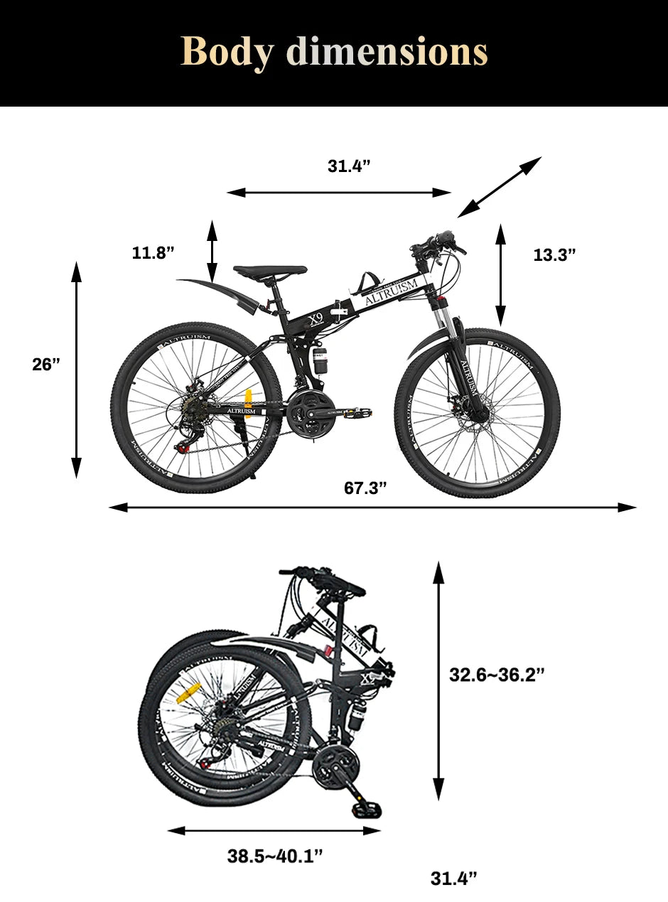 26” Folding Mountain Bike 21-Speed Shimano – Full Suspension & Disc Brakes