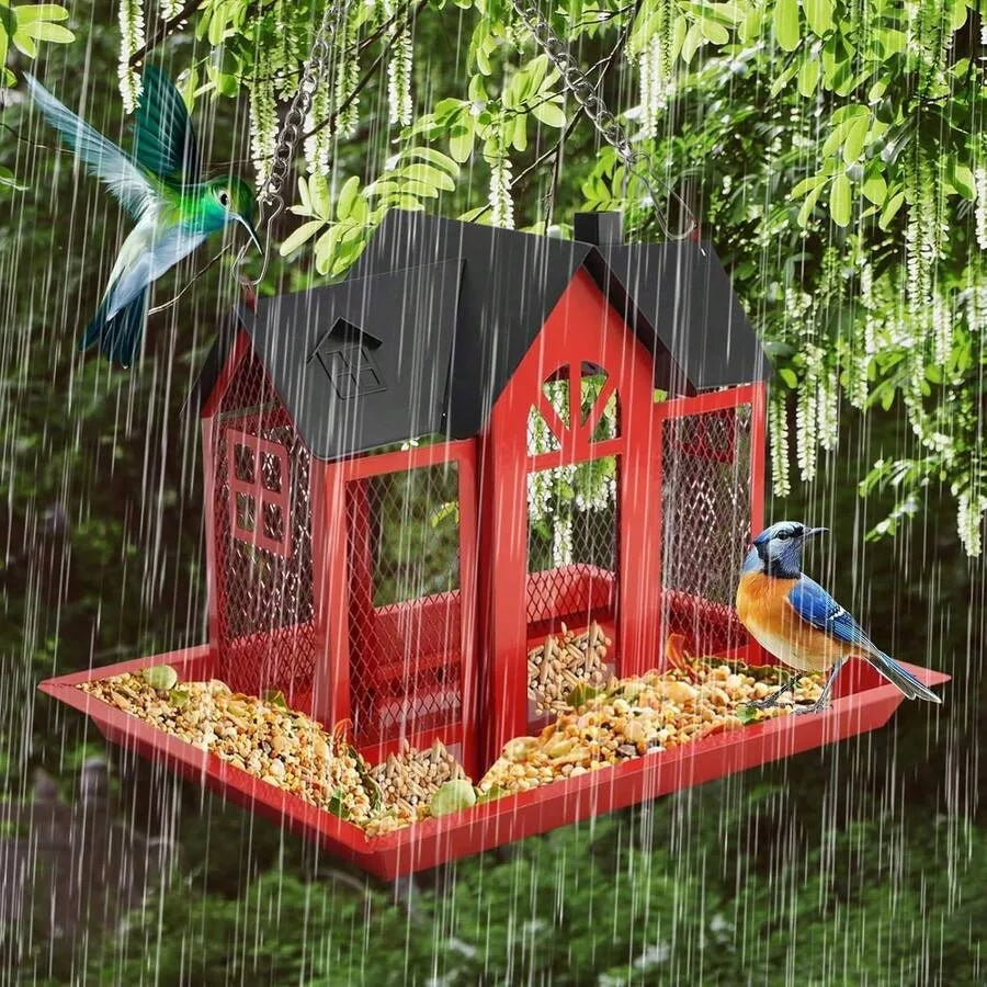 House-Shaped Metal Bird Feeder for Outdoor Hanging Garden Birds