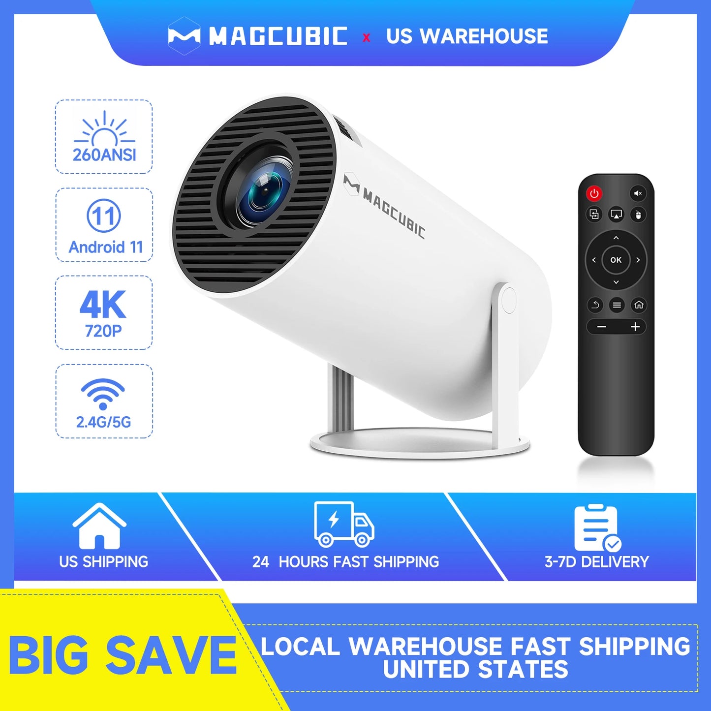 Magcubic HY300 Pro 4K Projector – 260 ANSI Lumens, Android 11, WiFi 6, Bluetooth 5.0 – Compact 180° Rotating Portable Home Theater