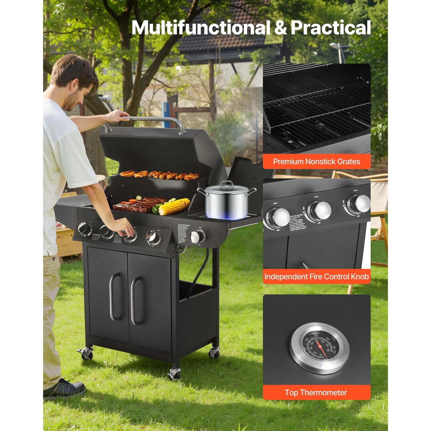 SucceBuy Gas Grill 4 Burner Propane Gas Grill with Side Burner 425 SQ.In Grilling Area 52,000 BTU Patio Garden BBQ Grills