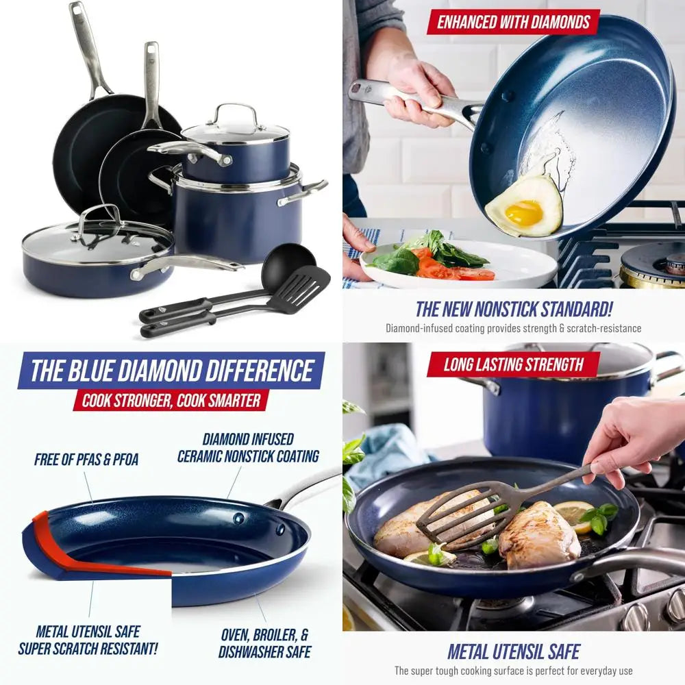 Blue Diamond 10-Piece Nonstick Cookware Set – Diamond Ceramic Coating, Toxin-Free, Dishwasher & Metal Utensil Safe
