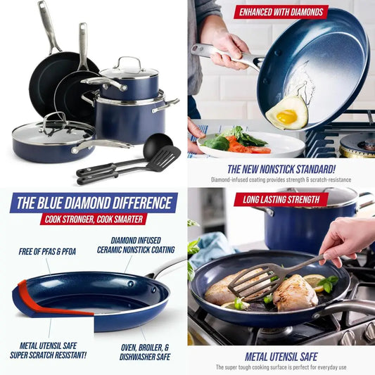 Blue Diamond 10-Piece Nonstick Cookware Set – Diamond Ceramic Coating, Toxin-Free, Dishwasher & Metal Utensil Safe
